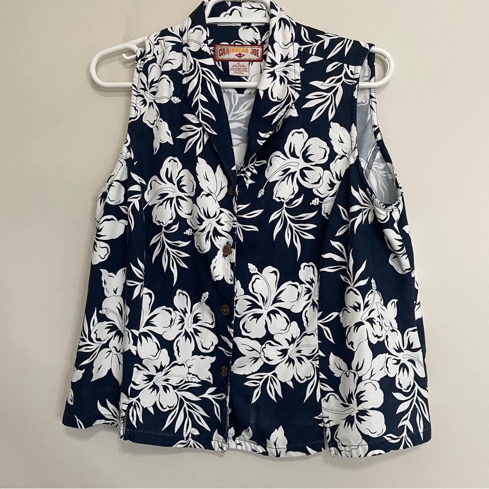 Caribbean Joe Navy & White Floral Sleeveless Button-Front Top~‎ Size XL~Tropical